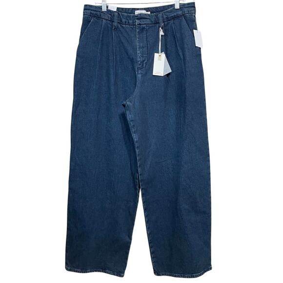 Good American 90s PLEATED TROUSER JEAN Size 10/30 Indigo Blue Denim Wide Leg NEW - Picture 1 of 12